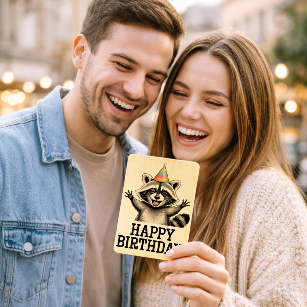 Cartoon-Waschbär Happy Birthday! Postkarte aus Holz