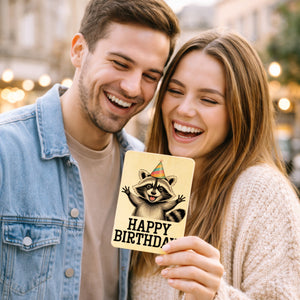 Cartoon-Waschbär Happy Birthday! Postkarte aus Holz