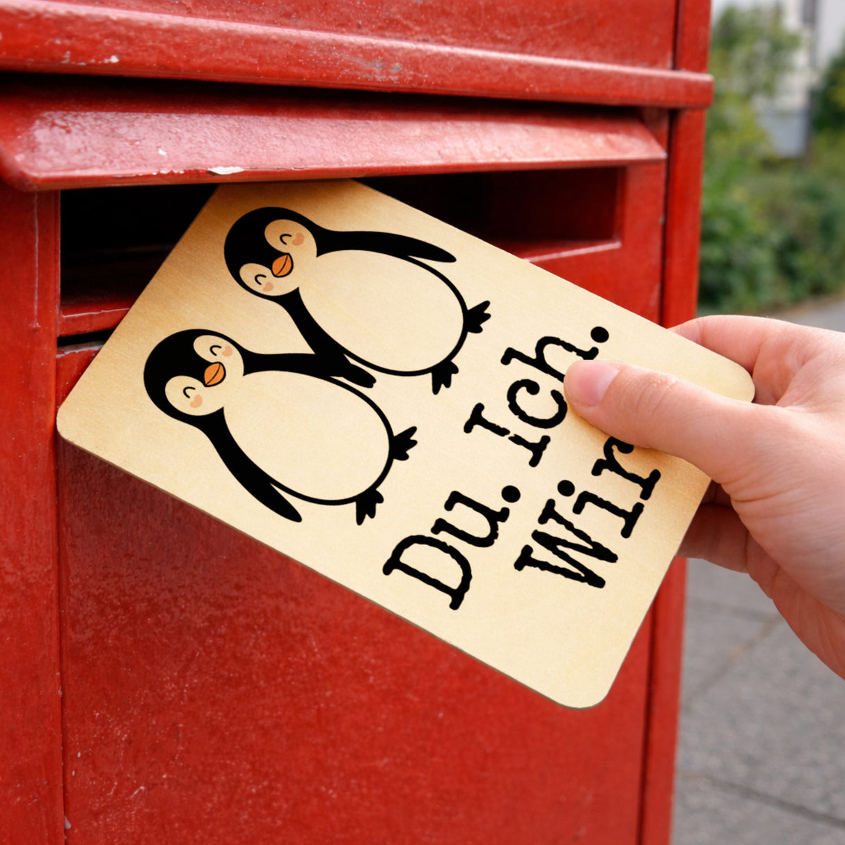 Pinguin Liebe Du. Ich. Wir! Postkarte aus Holz
