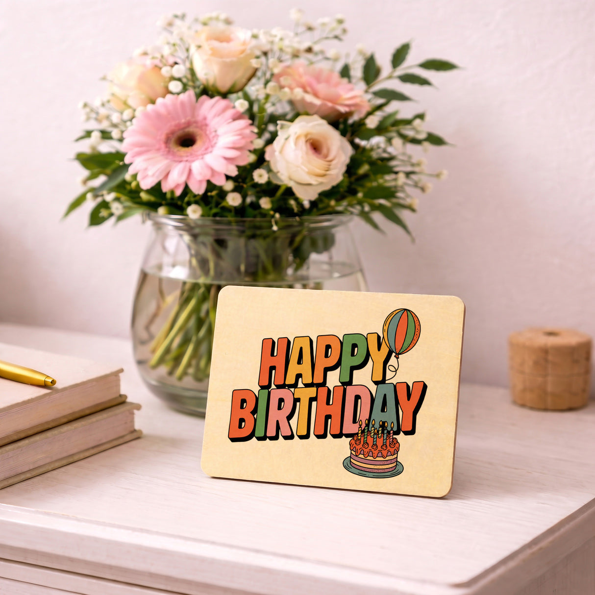 Retro Ballon Happy Birthday Postkarte aus Holz