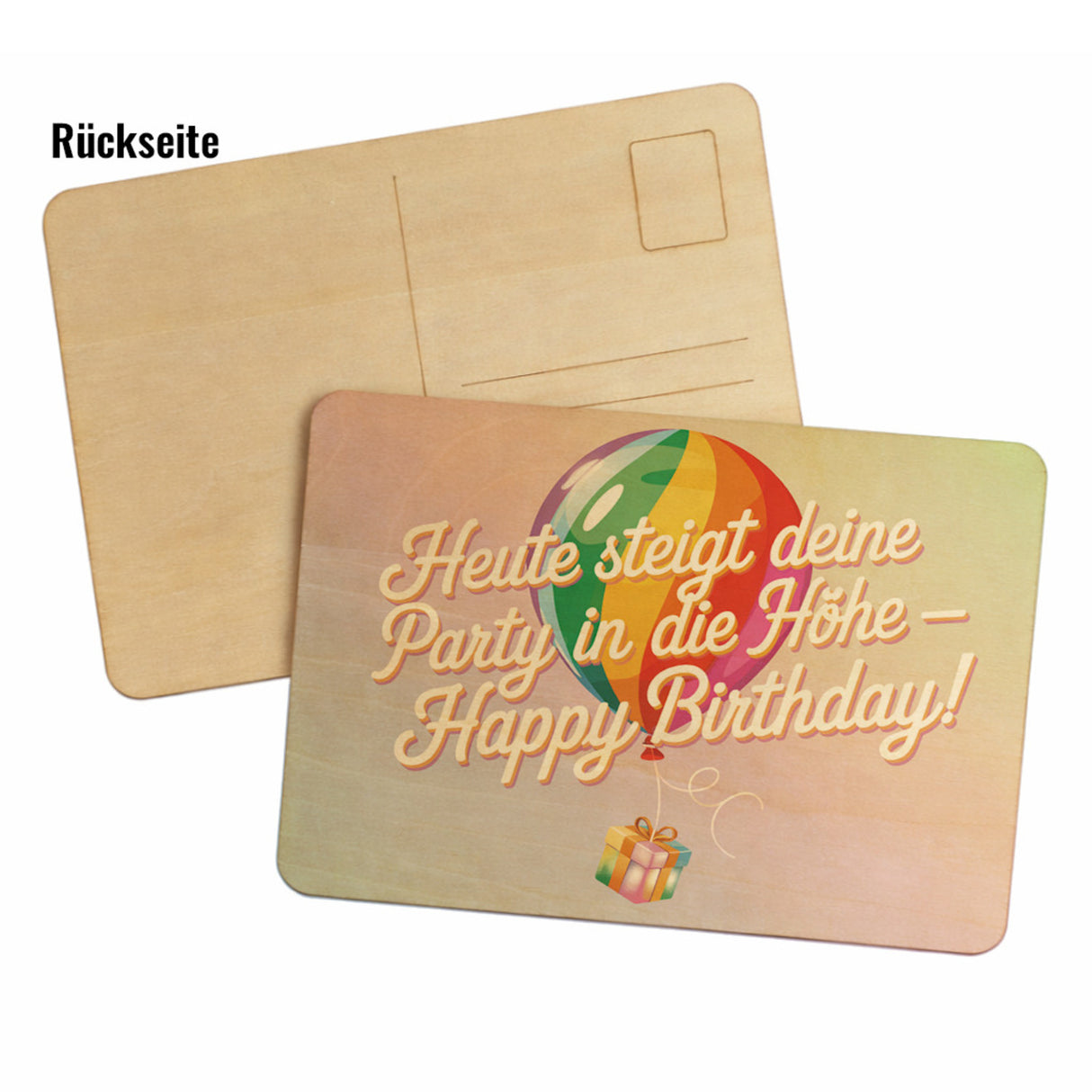 Regenbogenballon Postkarte aus Holz Heute steigt deine Party