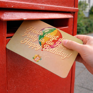 Regenbogenballon Postkarte aus Holz Heute steigt deine Party