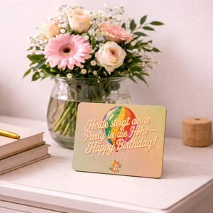 Regenbogenballon Postkarte aus Holz Heute steigt deine Party