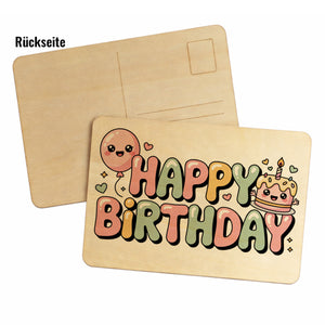 Kawaii Happy Birthday Postkarte aus Holz