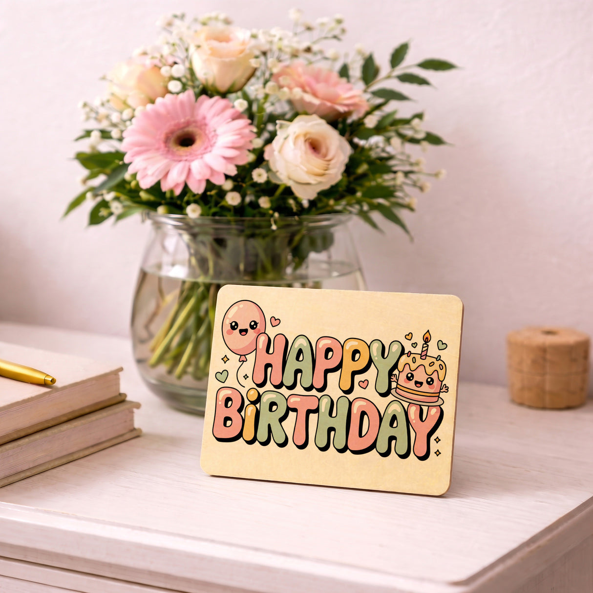 Kawaii Happy Birthday Postkarte aus Holz
