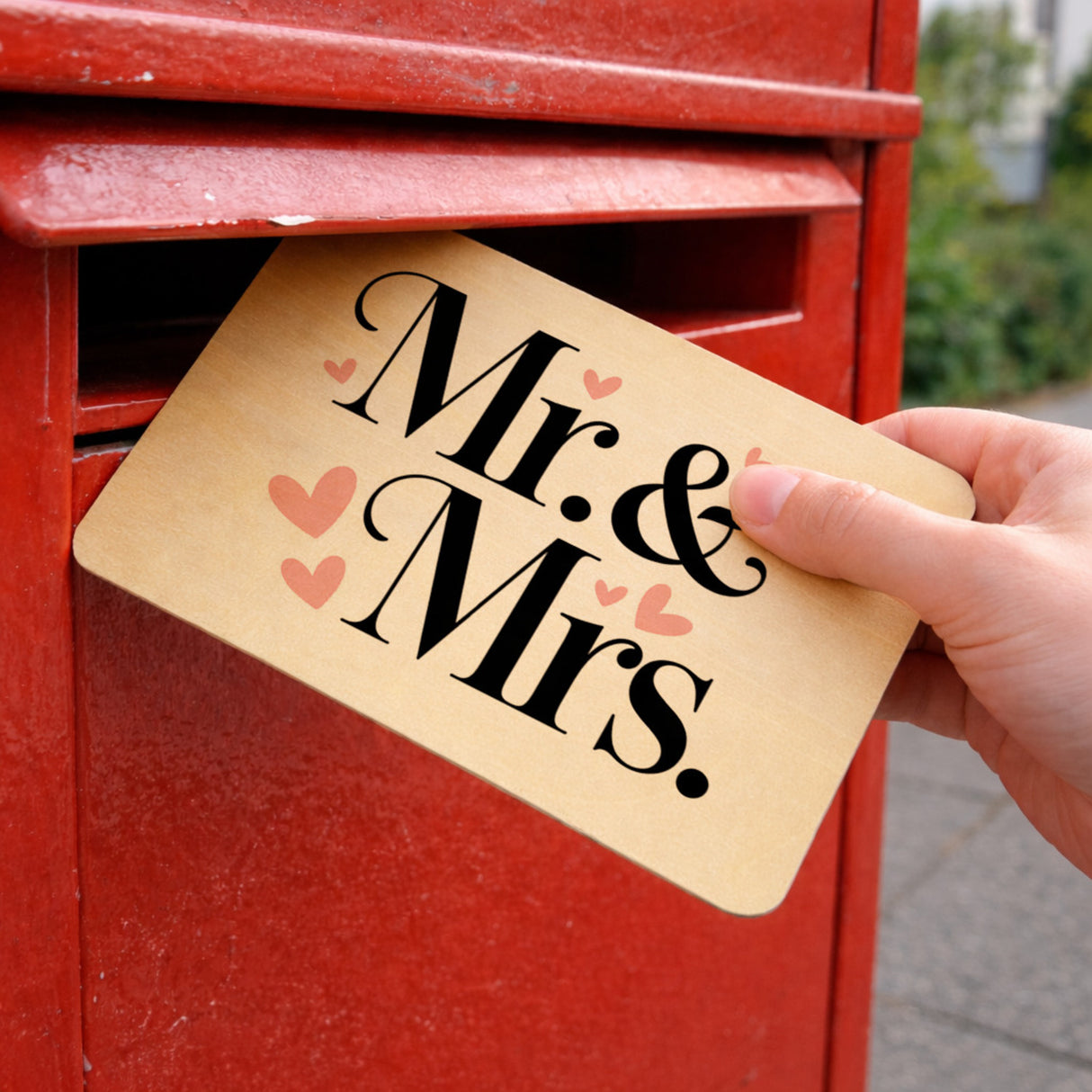 Mr. & Mrs. Postkarte aus Holz mit romantischem Herz-Design