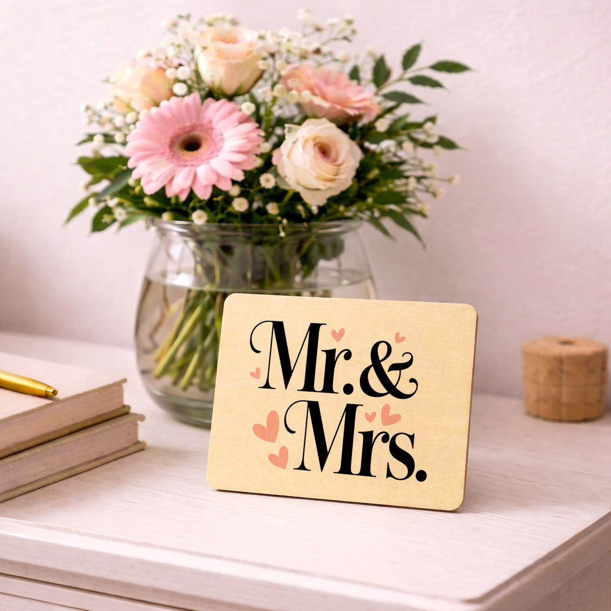Mr. & Mrs. Postkarte aus Holz mit romantischem Herz-Design