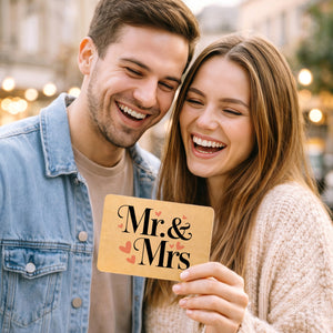 Mr. & Mrs. Postkarte aus Holz mit romantischem Herz-Design