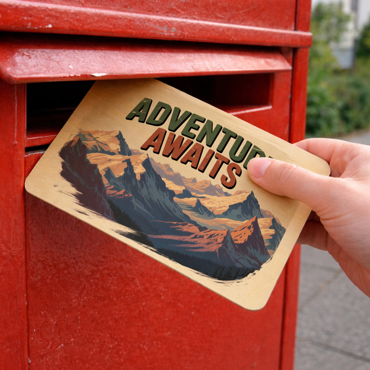 Adventure Awaits Bergpanorama Postkarte aus Holz