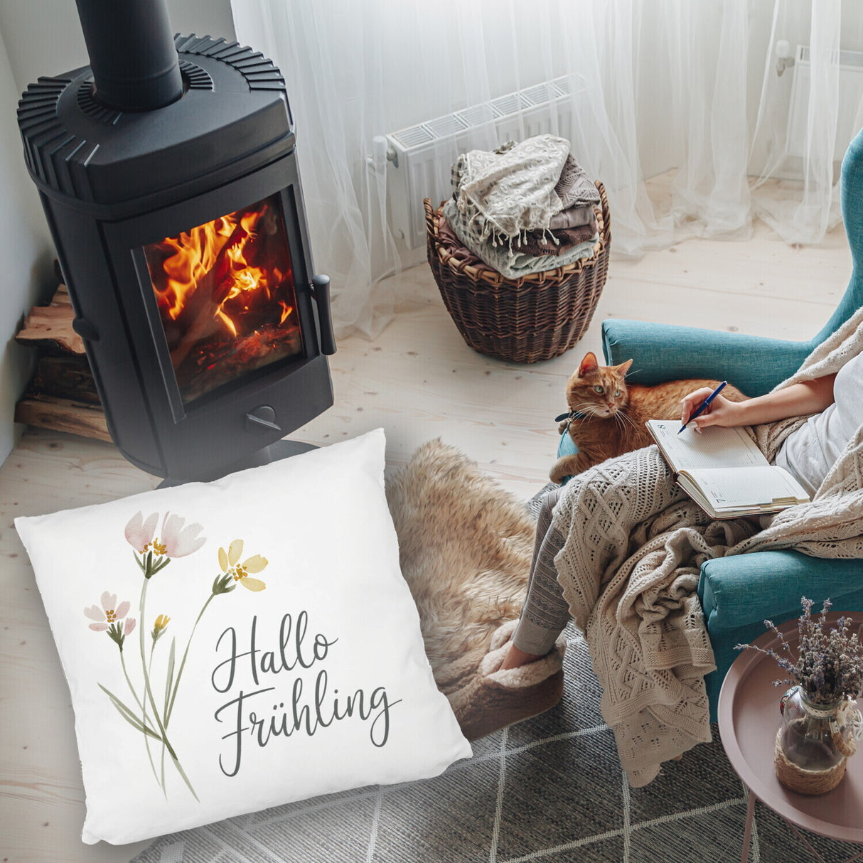 Aquarellblumen Hallo Frühling Kissen für Dekofans