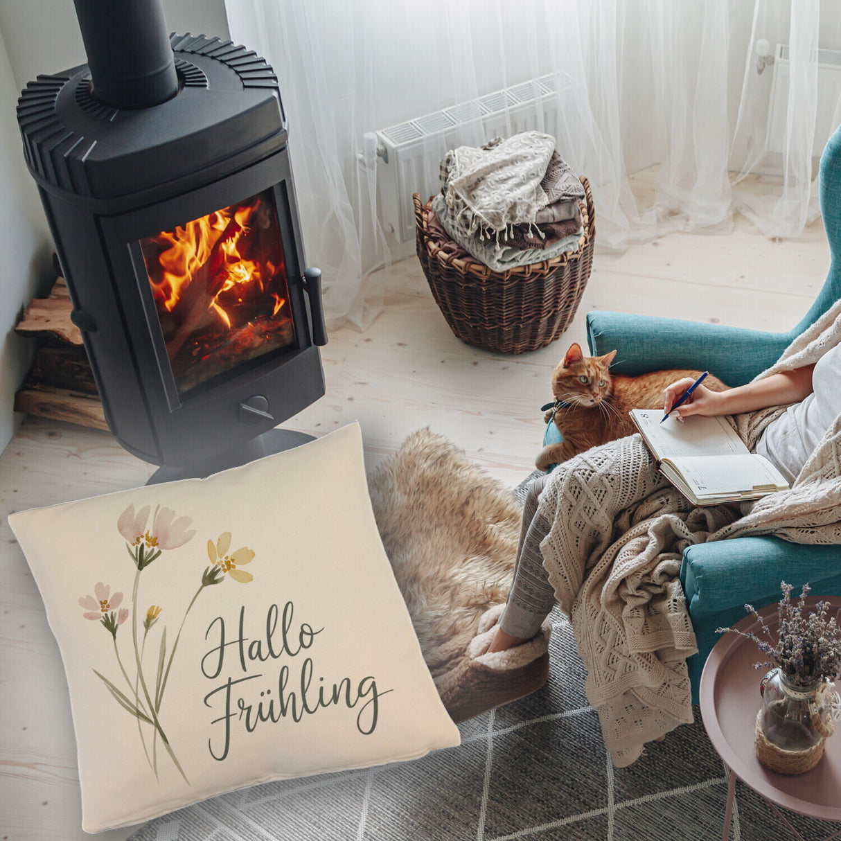 Aquarellblumen Hallo Frühling Kissen für Dekofans