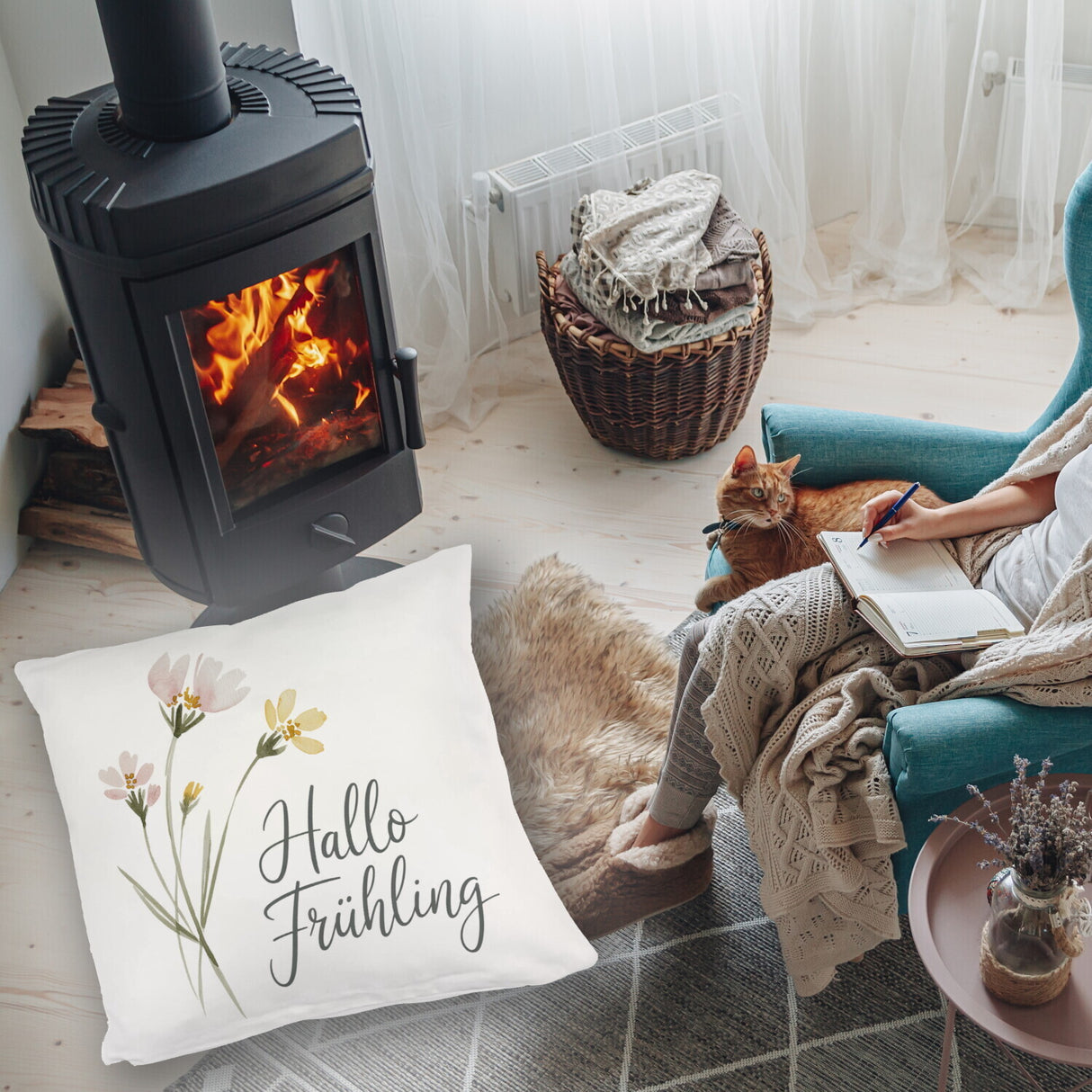 Aquarellblumen Hallo Frühling Kissen für Dekofans