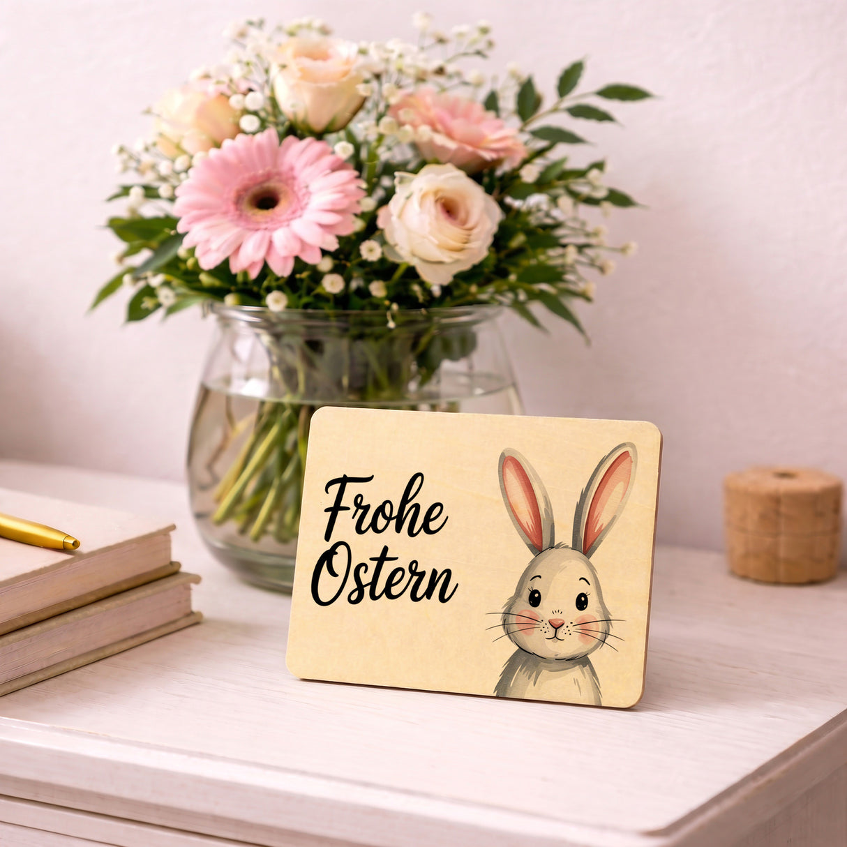 Grauer Hase Aquarell Frohe Ostern Postkarte aus Holz