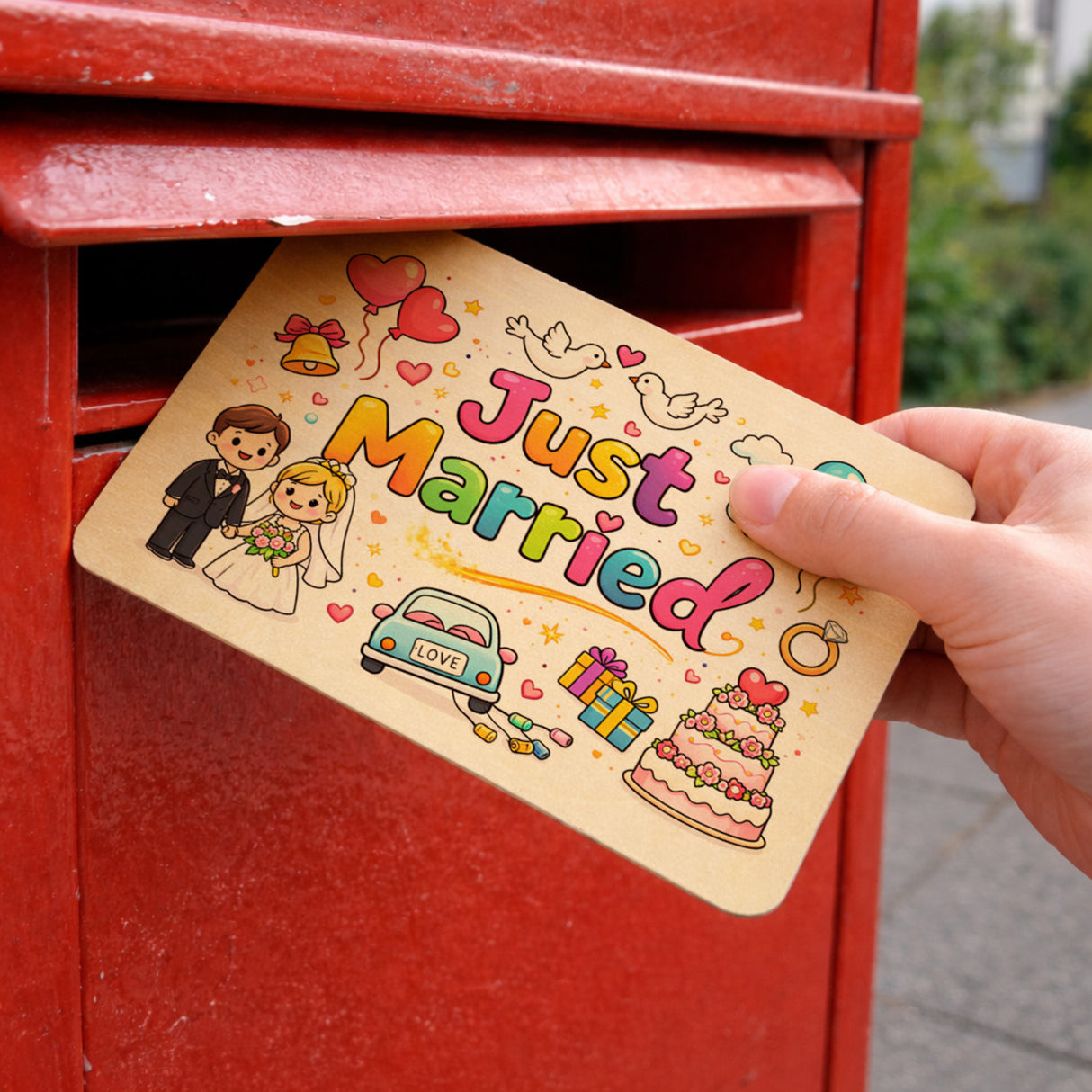 Just Married Regenbogen Hochzeit Postkarte aus Holz