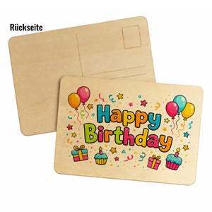 Happy Birthday Luftballons Postkarte aus Holz Kindergeburtstag