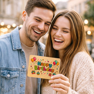 Happy Birthday Luftballons Postkarte aus Holz Kindergeburtstag