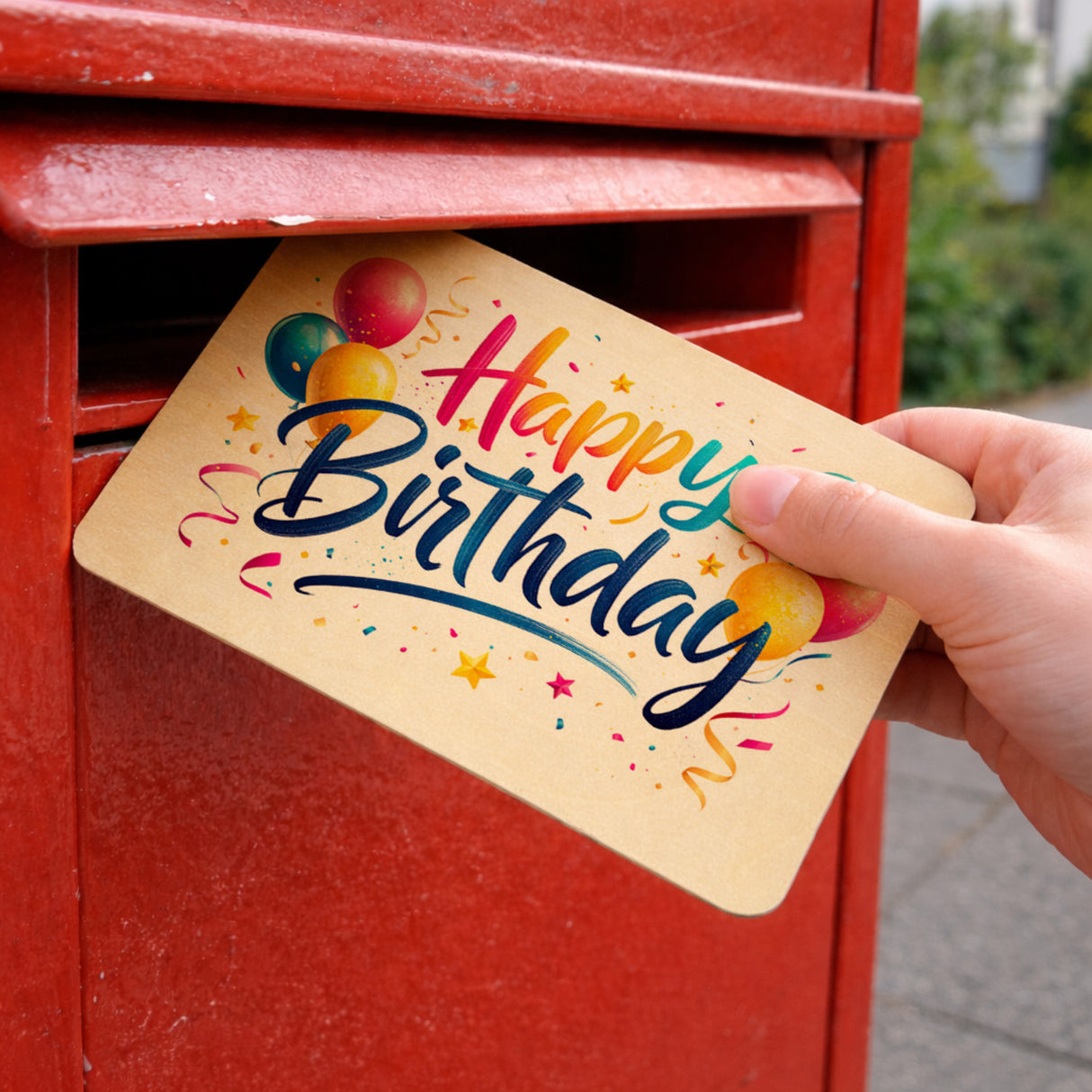 Happy Birthday Postkarte aus Holz mit Ballons