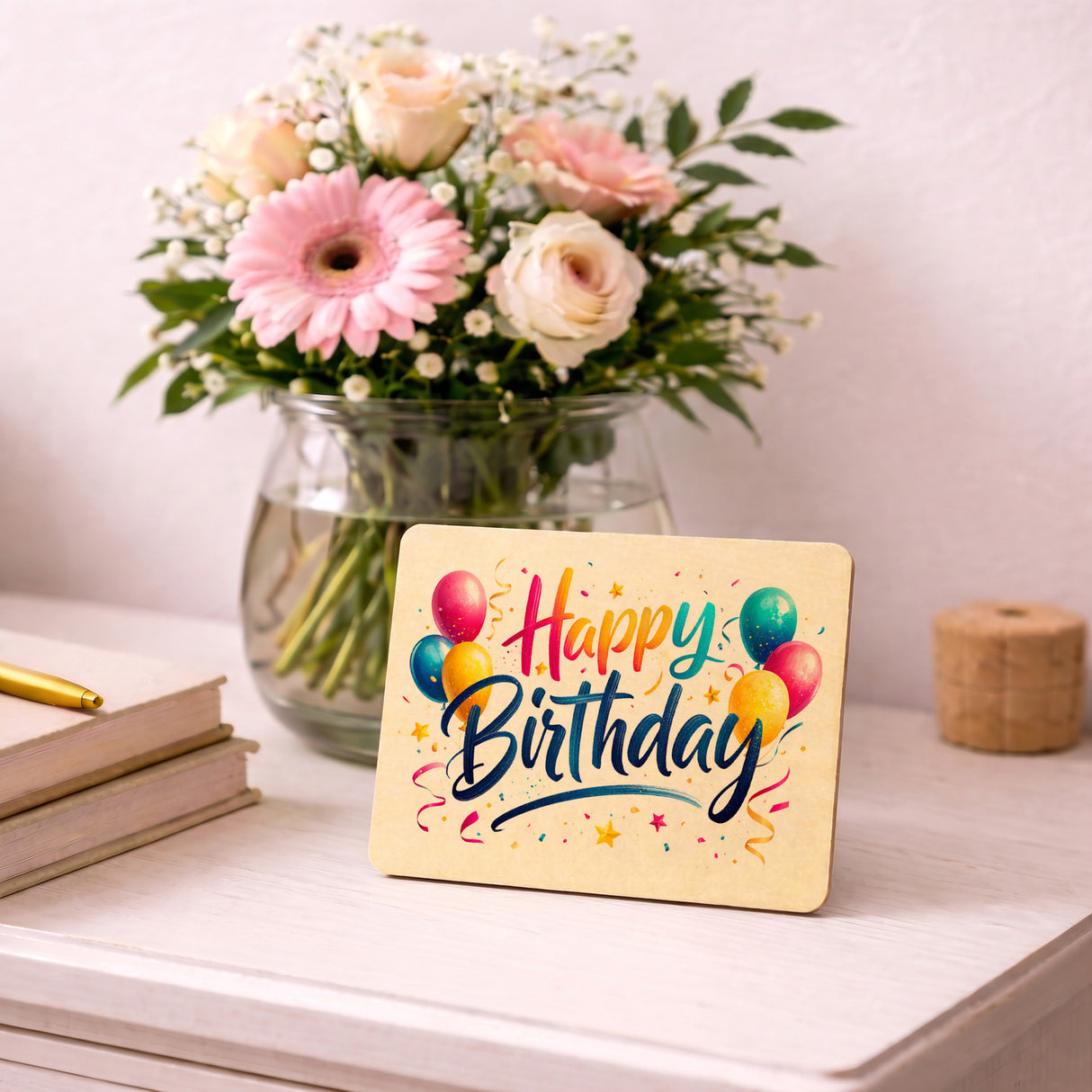 Happy Birthday Postkarte aus Holz mit Ballons