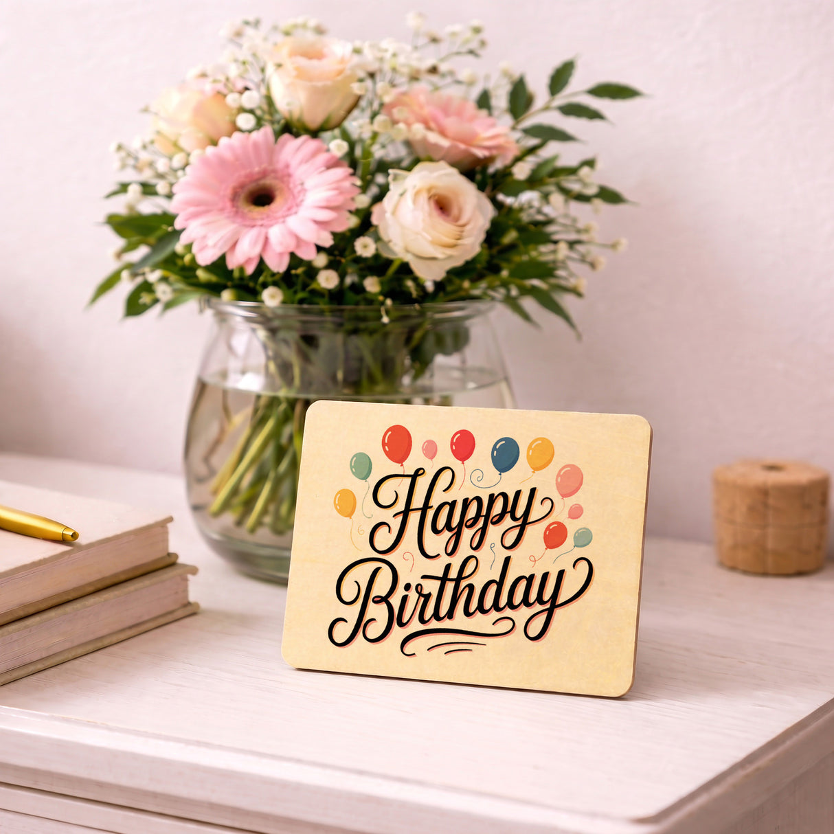 Happy Birthday Ballons Postkarte aus Holz mit Kalligrafie