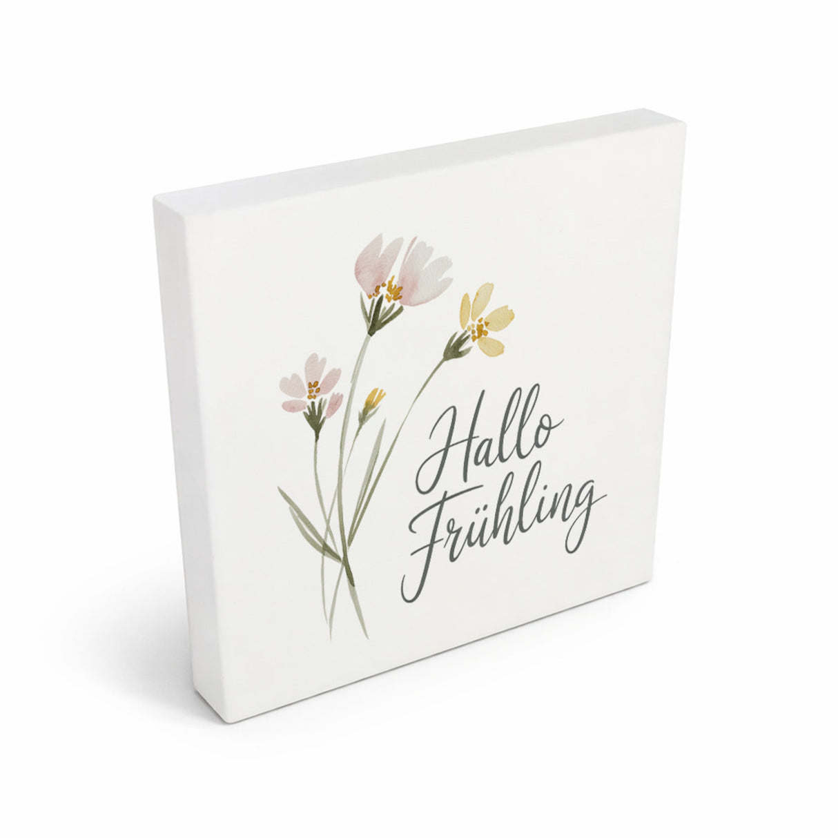 Aquarellblumen Hallo Frühling Holzbild in 10x10 cm zum Stellen oder Aufhängen für Dekofans