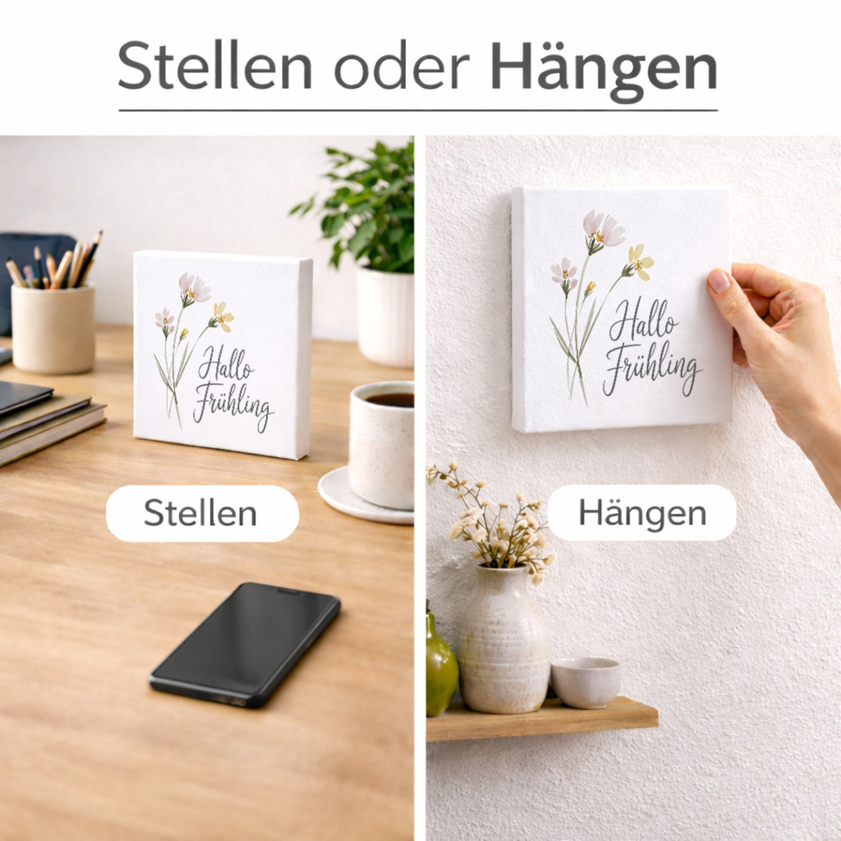 Aquarellblumen Hallo Frühling Holzbild in 10x10 cm zum Stellen oder Aufhängen für Dekofans