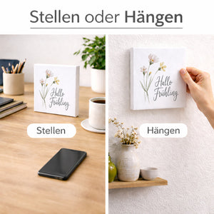 Aquarellblumen Hallo Frühling Holzbild in 10x10 cm zum Stellen oder Aufhängen für Dekofans