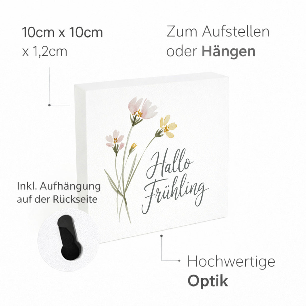 Aquarellblumen Hallo Frühling Holzbild in 10x10 cm zum Stellen oder Aufhängen für Dekofans
