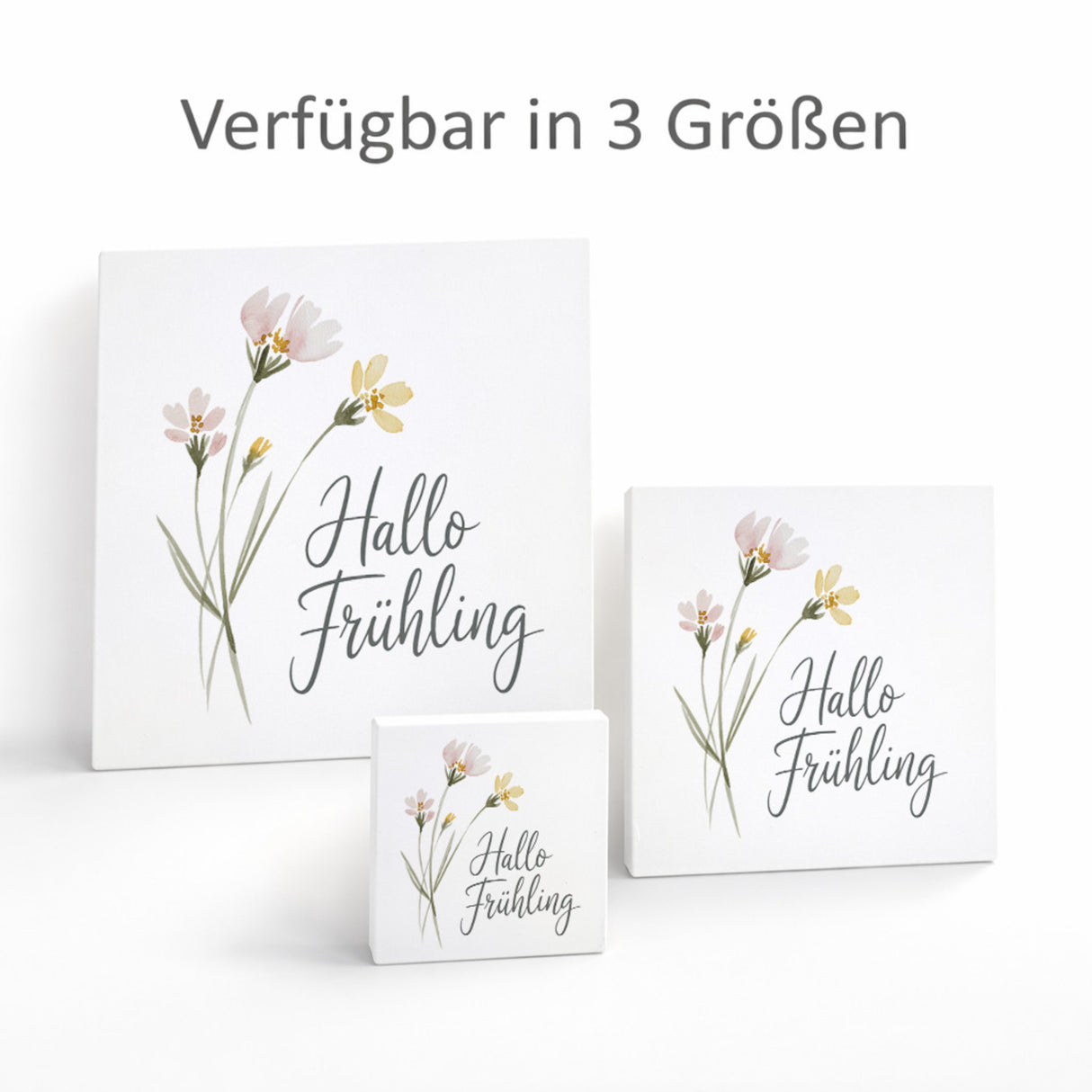 Aquarellblumen Hallo Frühling Holzbild in 10x10 cm zum Stellen oder Aufhängen für Dekofans