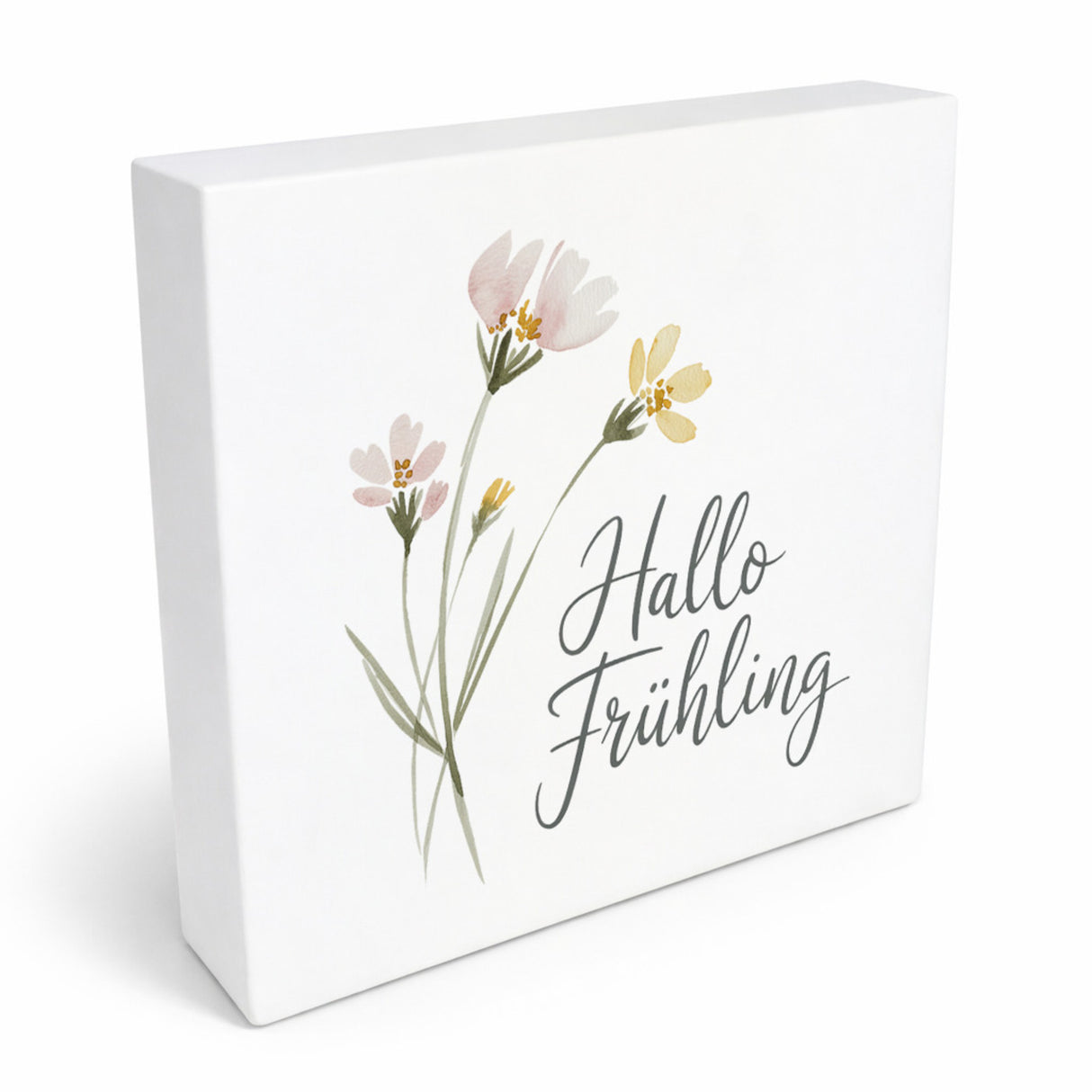 Aquarellblumen Hallo Frühling Holzbild in 10x10 cm zum Stellen oder Aufhängen für Dekofans