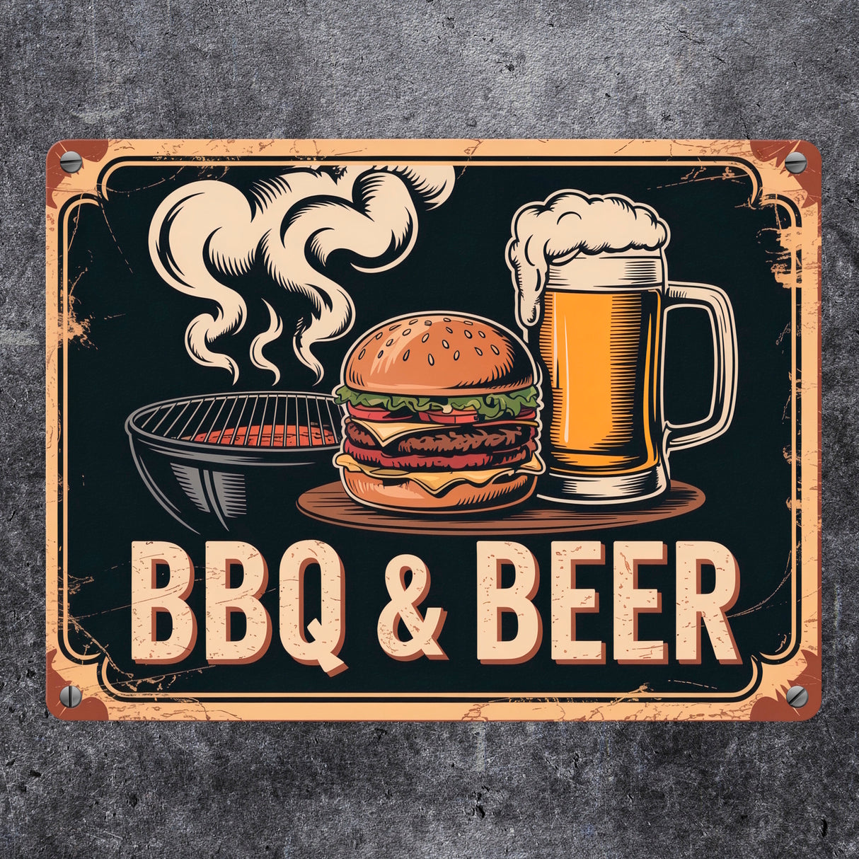 Burger und Bier Metallschild in 15x20 cm BBQ und Beer Vintage