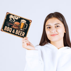 Burger und Bier Metallschild in 15x20 cm BBQ und Beer Vintage