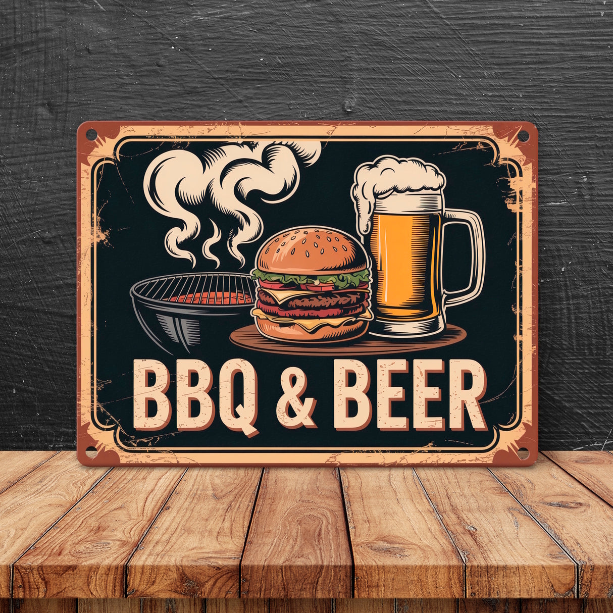 Burger und Bier Metallschild in 15x20 cm BBQ und Beer Vintage