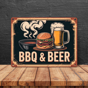 Burger und Bier Metallschild in 15x20 cm BBQ und Beer Vintage