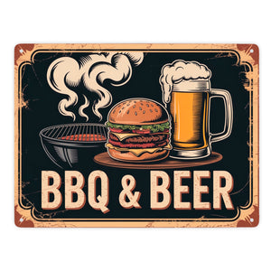 Burger und Bier Metallschild in 15x20 cm BBQ und Beer Vintage