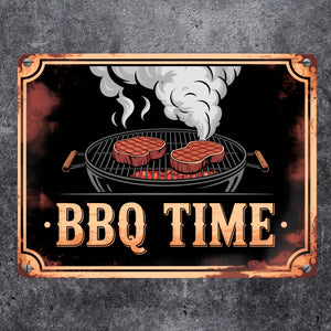 Grill mit Steaks Metallschild in 15x20 cm BBQ Time