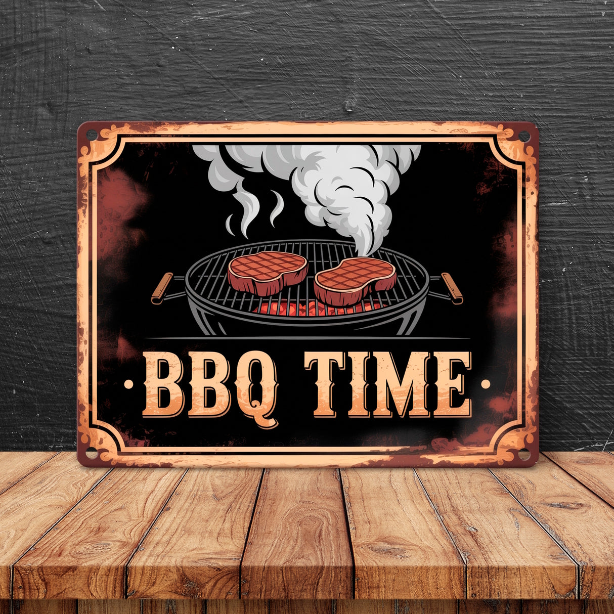 Grill mit Steaks Metallschild in 15x20 cm BBQ Time