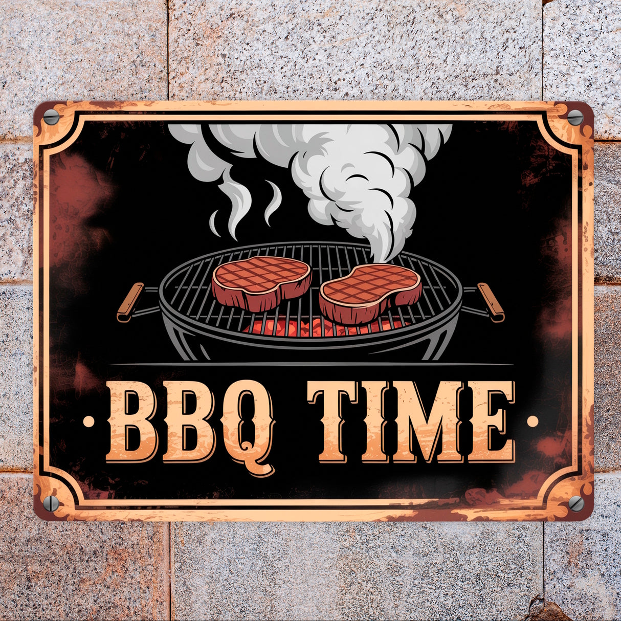 Grill mit Steaks Metallschild in 15x20 cm BBQ Time