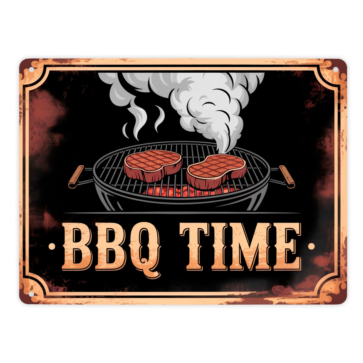 Grill mit Steaks Metallschild in 15x20 cm BBQ Time
