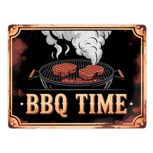 Grill mit Steaks Metallschild in 15x20 cm BBQ Time