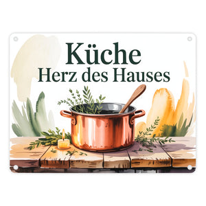 Küche Herz des Hauses Kochtopf Kräuter Metallschild in 15x20 cm