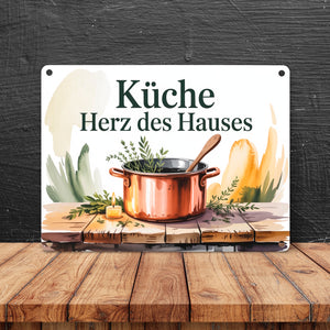 Küche Herz des Hauses Kochtopf Kräuter Metallschild in 15x20 cm
