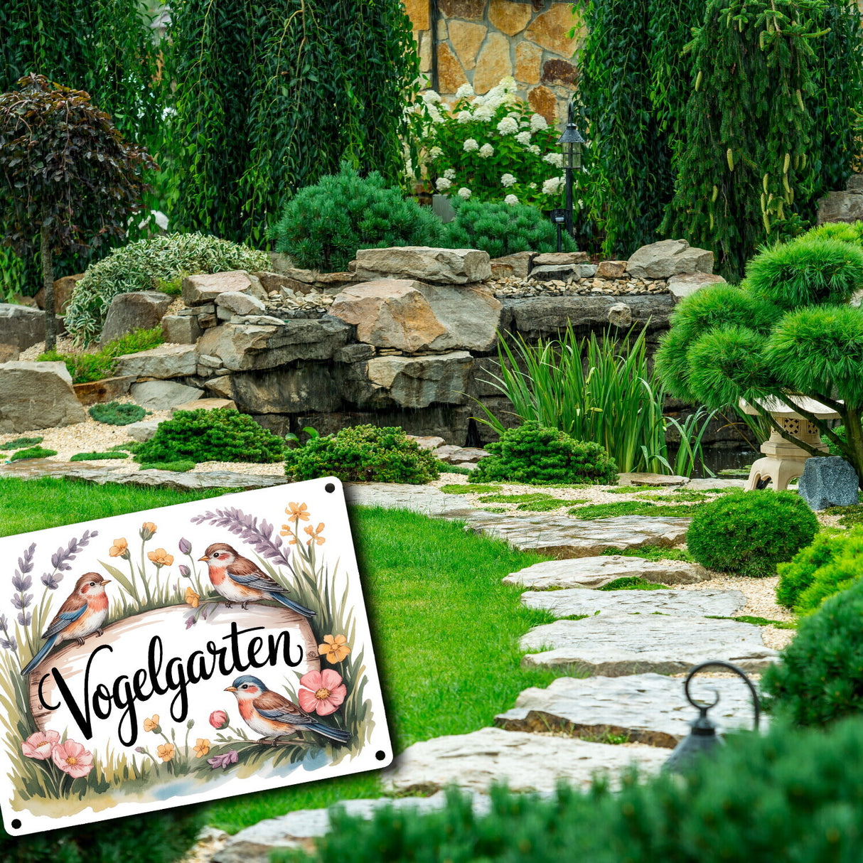 Vögel Wildblumen Cottage Metallschild in 15x20 cm Vogelgarten
