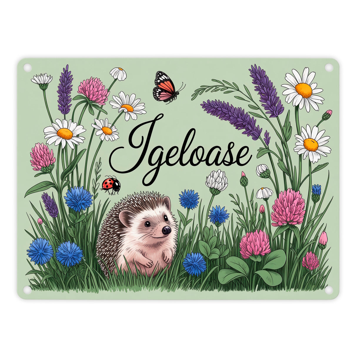 Igel auf Wildblumen Igeloase Metallschild in 15x20 cm Gartendeko