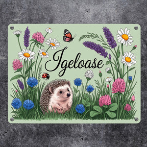 Igel auf Wildblumen Igeloase Metallschild in 15x20 cm Gartendeko