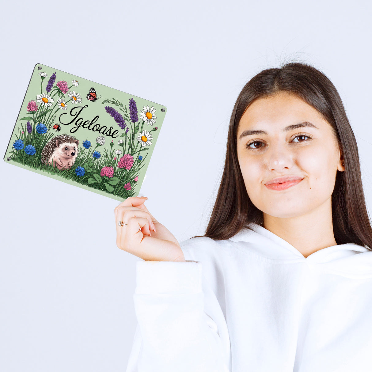 Igel auf Wildblumen Igeloase Metallschild in 15x20 cm Gartendeko