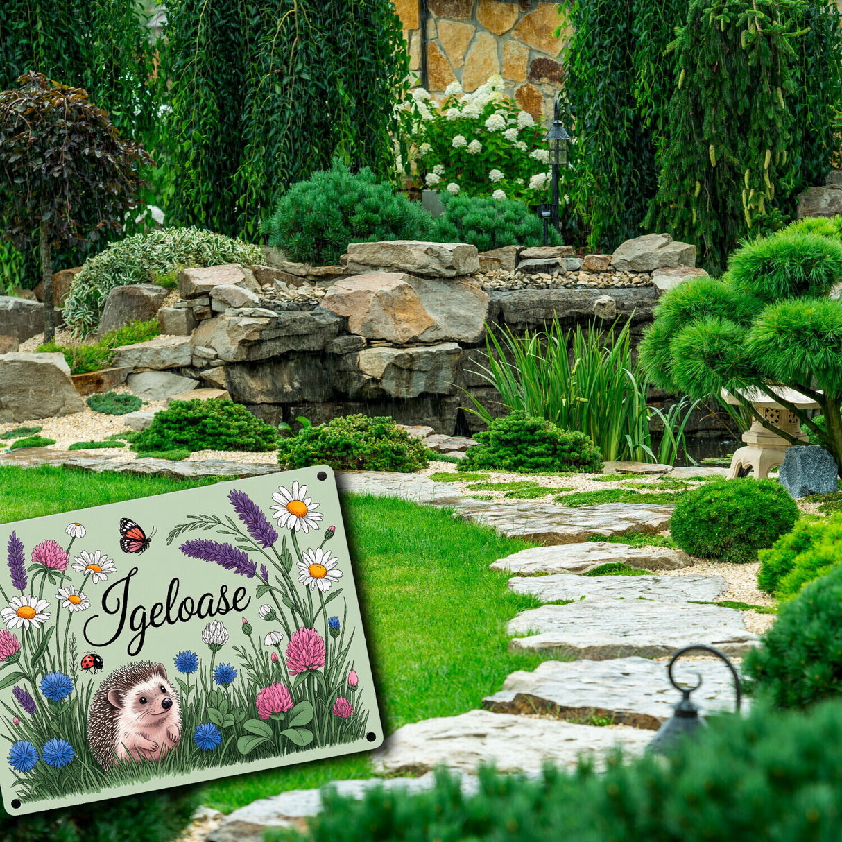 Igel auf Wildblumen Igeloase Metallschild in 15x20 cm Gartendeko
