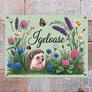 Igel auf Wildblumen Igeloase Metallschild in 15x20 cm Gartendeko