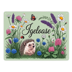 Igel auf Wildblumen Igeloase Metallschild in 15x20 cm Gartendeko