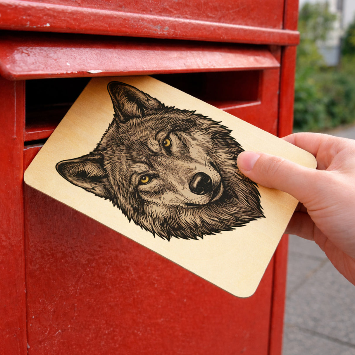 Grauer Wolf Postkarte aus Holz für Naturliebhaber