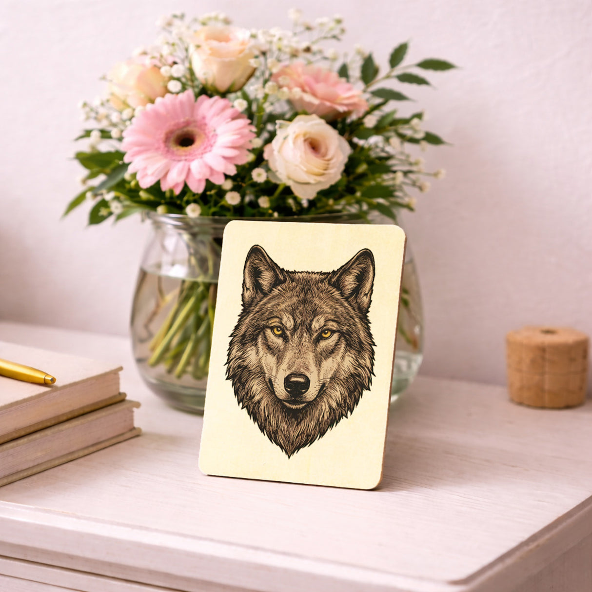 Grauer Wolf Postkarte aus Holz für Naturliebhaber
